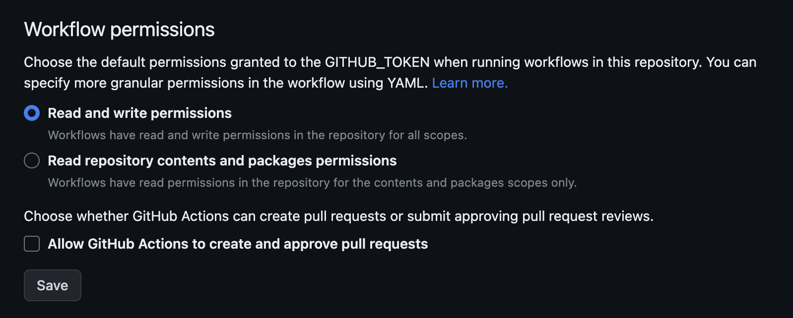 Screenshot of GitHub repository settings, showing a checked box next to the option 'Read and Write Permission', under the Workflow Permissions heading.