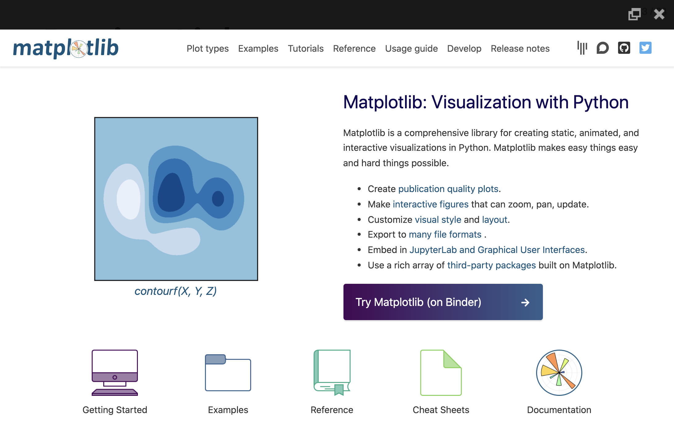 Screenshot of matplotlib landing page.