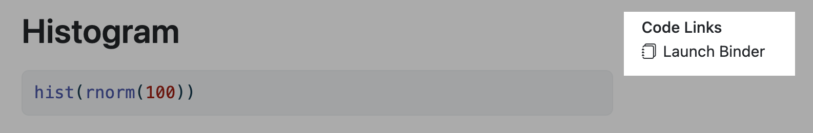 Screenshot of the Code Links section on a rendered HTML page showing a link with the text Launch Binder.