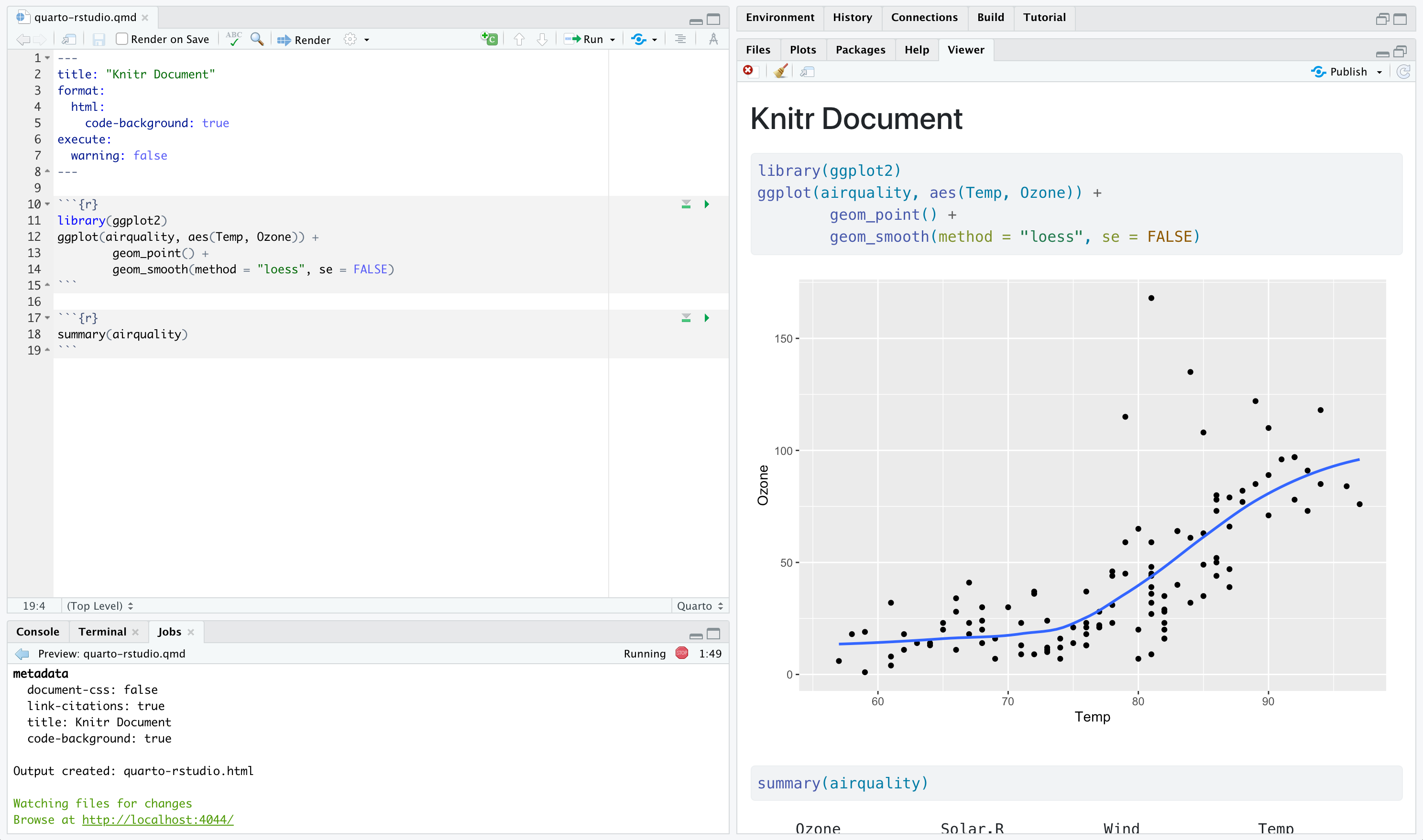 An RStudio window. On the left half of the page is a Quarto document and the 'Jobs' pane open underneath that. There is messages in green text in the 'Jobs' pane that say: 'Watching files for changes. Browse at http://localhost:4064'. On the right half of the window is the Quarto output of the document on the left, as rendered by Knitr.