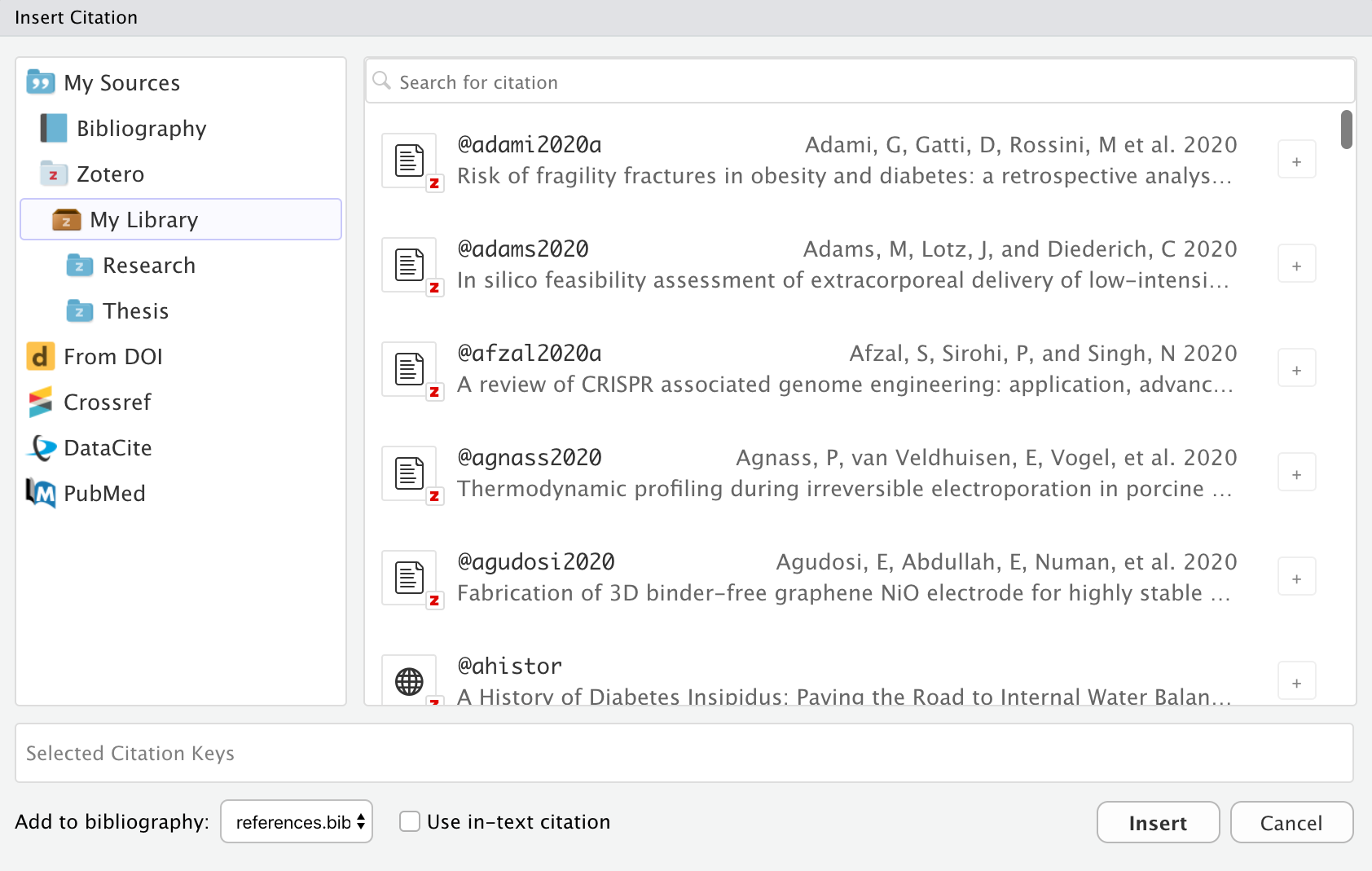 The 'Insert Citation' dialog. The 'My Library' option is selected. The search bar at the top of the right section is empty, but the search results section is filled with the contents of a Zotero reference manager library. Each of the search result icons has a small 'Z' on the bottom right to indicate that the result comes from a Zotero library.