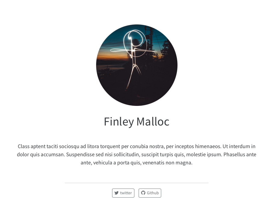 Screenshot of an about page. It has a large round circle in the top center with an image shown. Below that is a name in large type, with smaller placeholder body text beneath it. There are two buttons at the bottom, one for twitter, and one for GitHub.