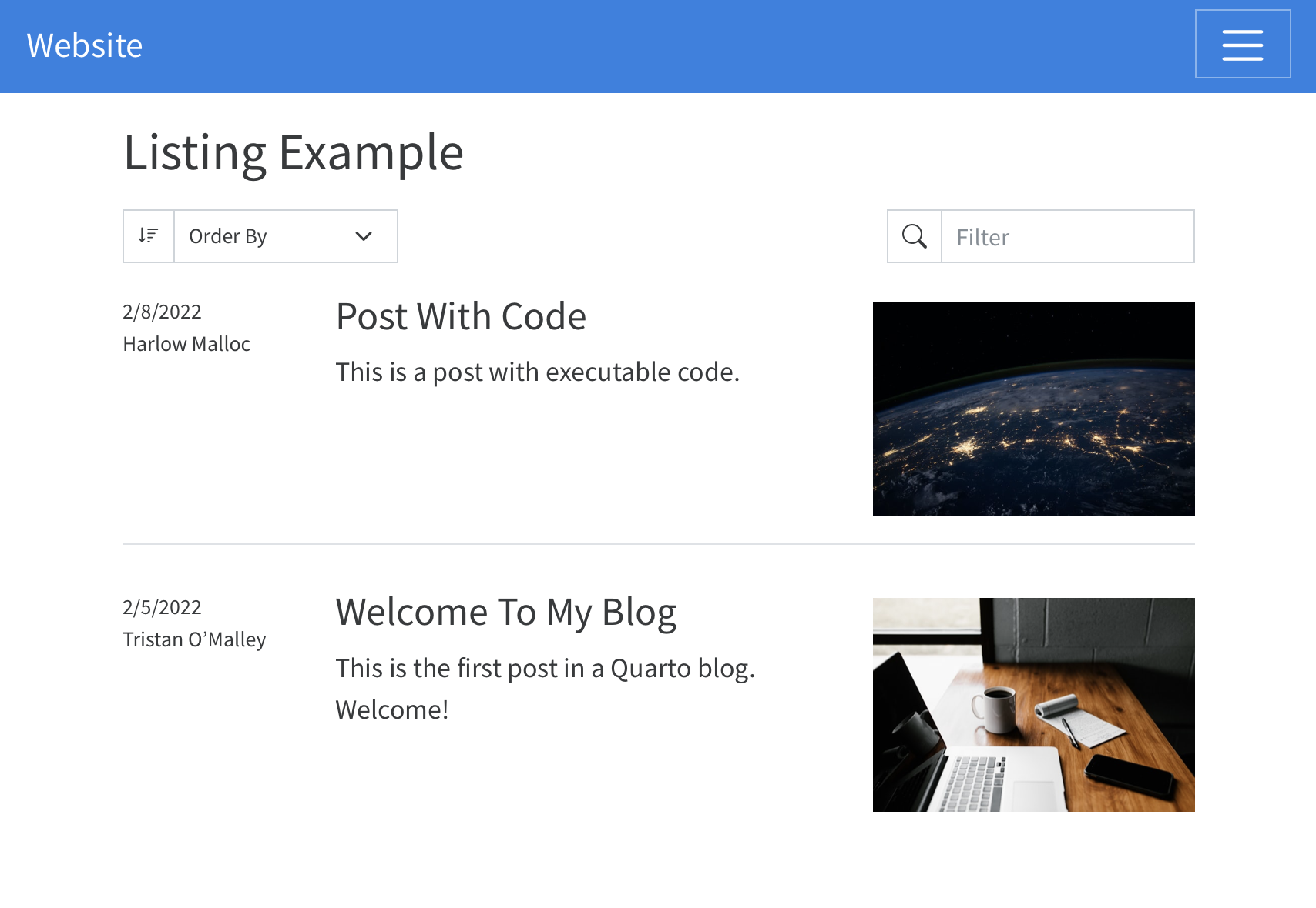 Screenshot of Listing Example page. There is a navbar at the top with the site name on the left, and a collapsed menu icon on the right. The header (Listing example). Below on the left there is a sortable dropdown for the order in which the items are displayed. On the right, across, is a search input box. The items are listed full-width rows that display the item’s metadata (author and date), title, description, and image.